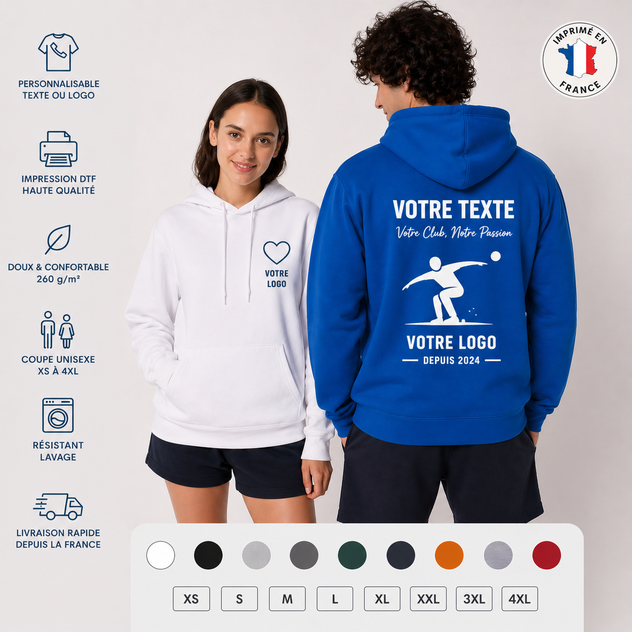 Sweat personnalisé à capuche – Texte ou logo