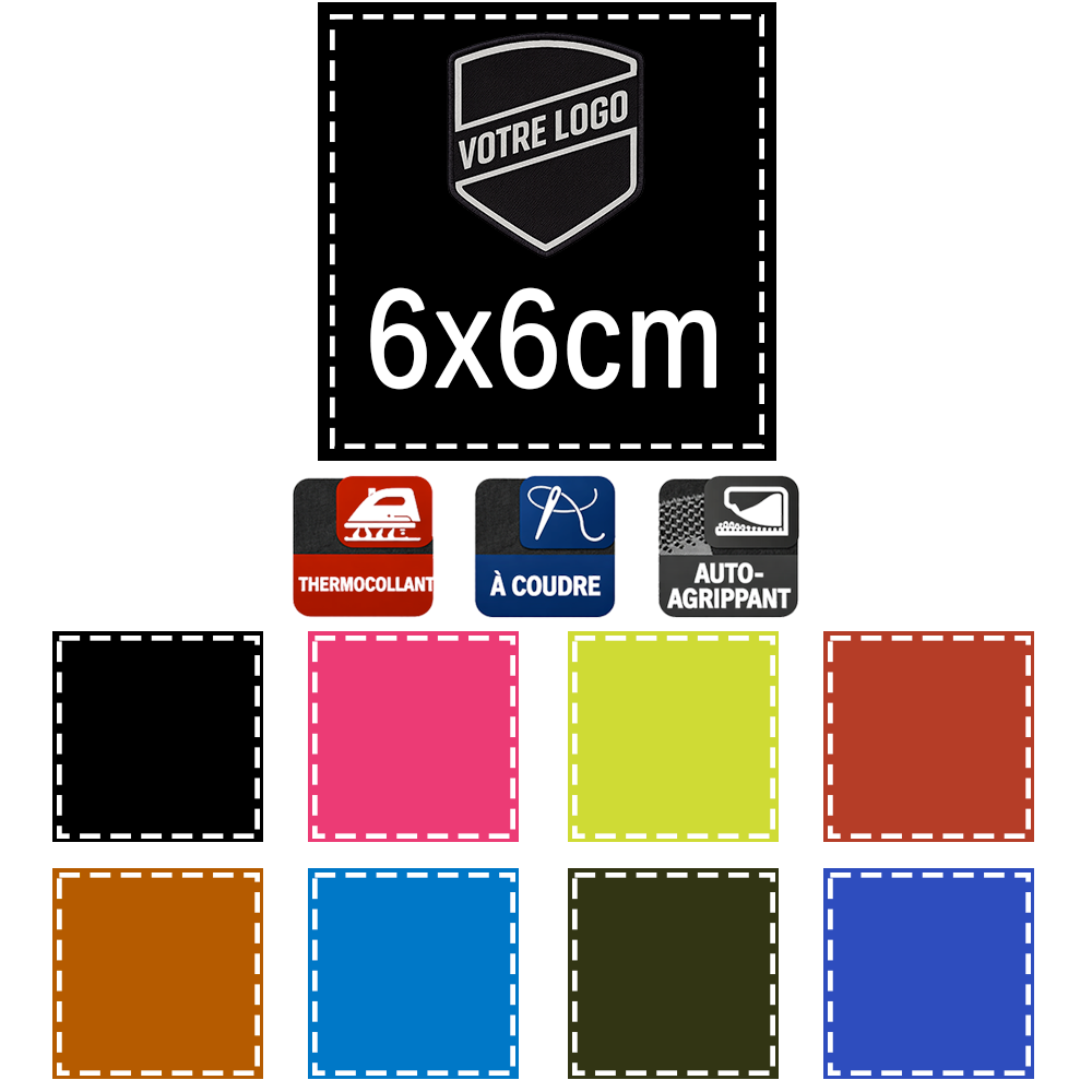 Patch imprimé personnalisé 6x6 cm – auto agrippant, thermocollant ou à coudre