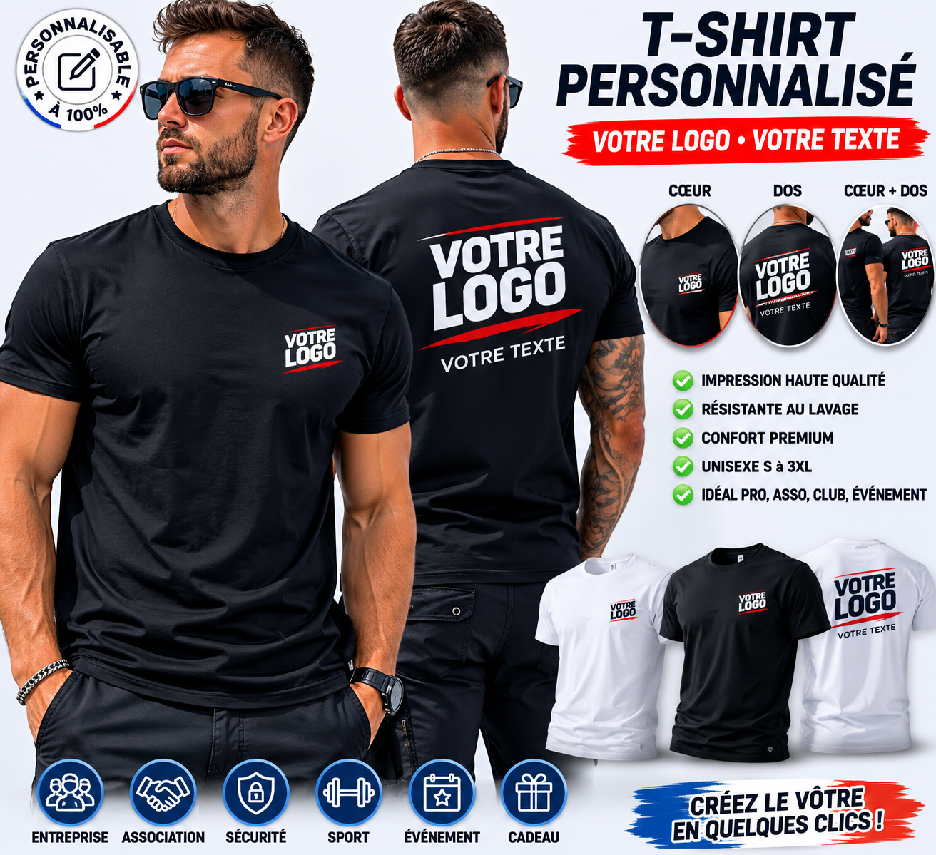 T-shirt personnalisé avec logo ou texte – cœur, dos ou les deux